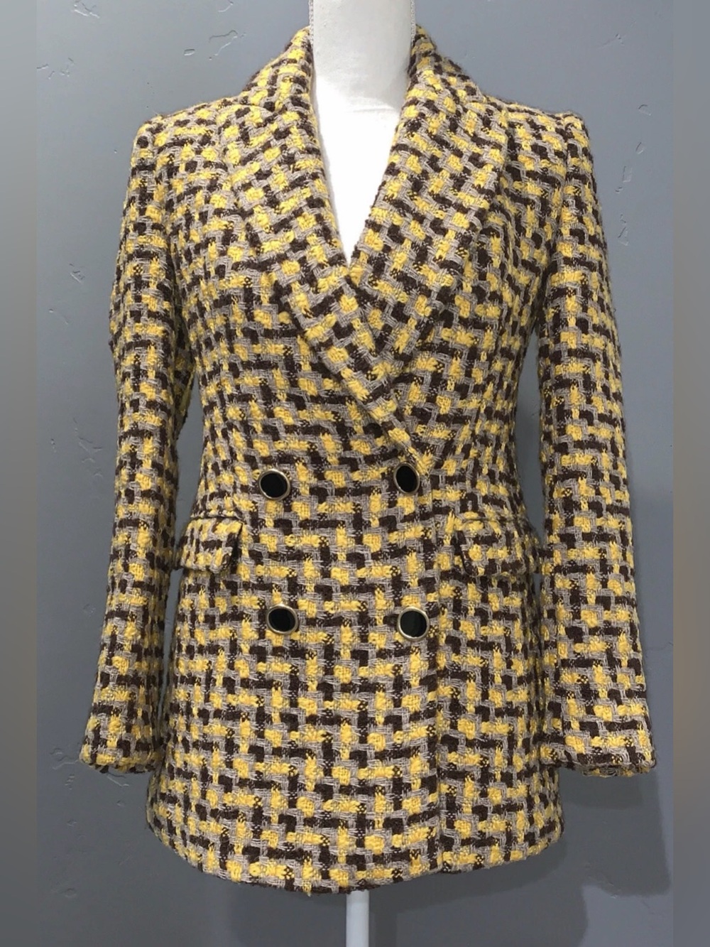 ZARA Textured Tweed Wool Blend Double Breasted Blazer Jacket Small Gold Brown - Picture 6 of 13